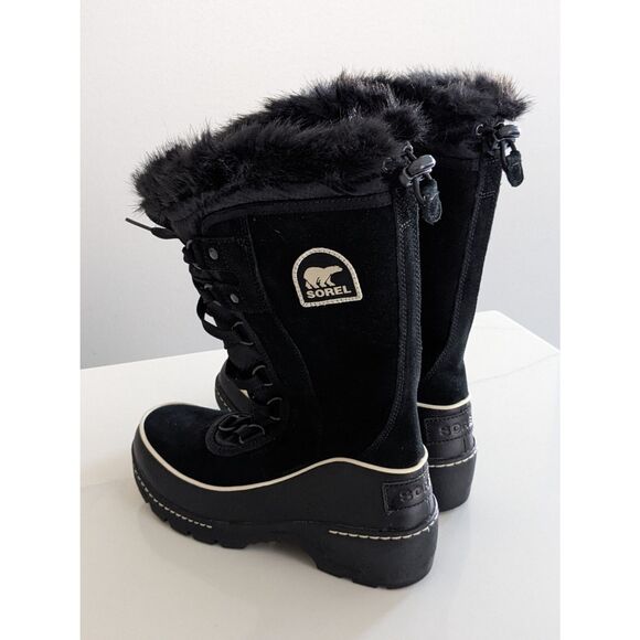 Sorel Tivoli Mid Calf Boots Women’s Sz 7 Black Suede Waterproof Lace Up Faux Fur - Picture 2 of 6